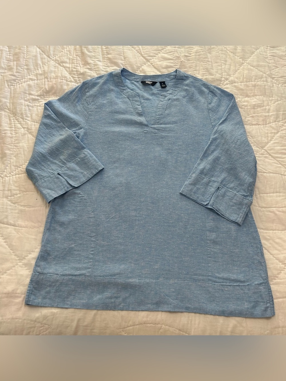 Lands End Linen Blend Tunic Top Womens L Blue V-Neck Coastal Beachy Lagenlook